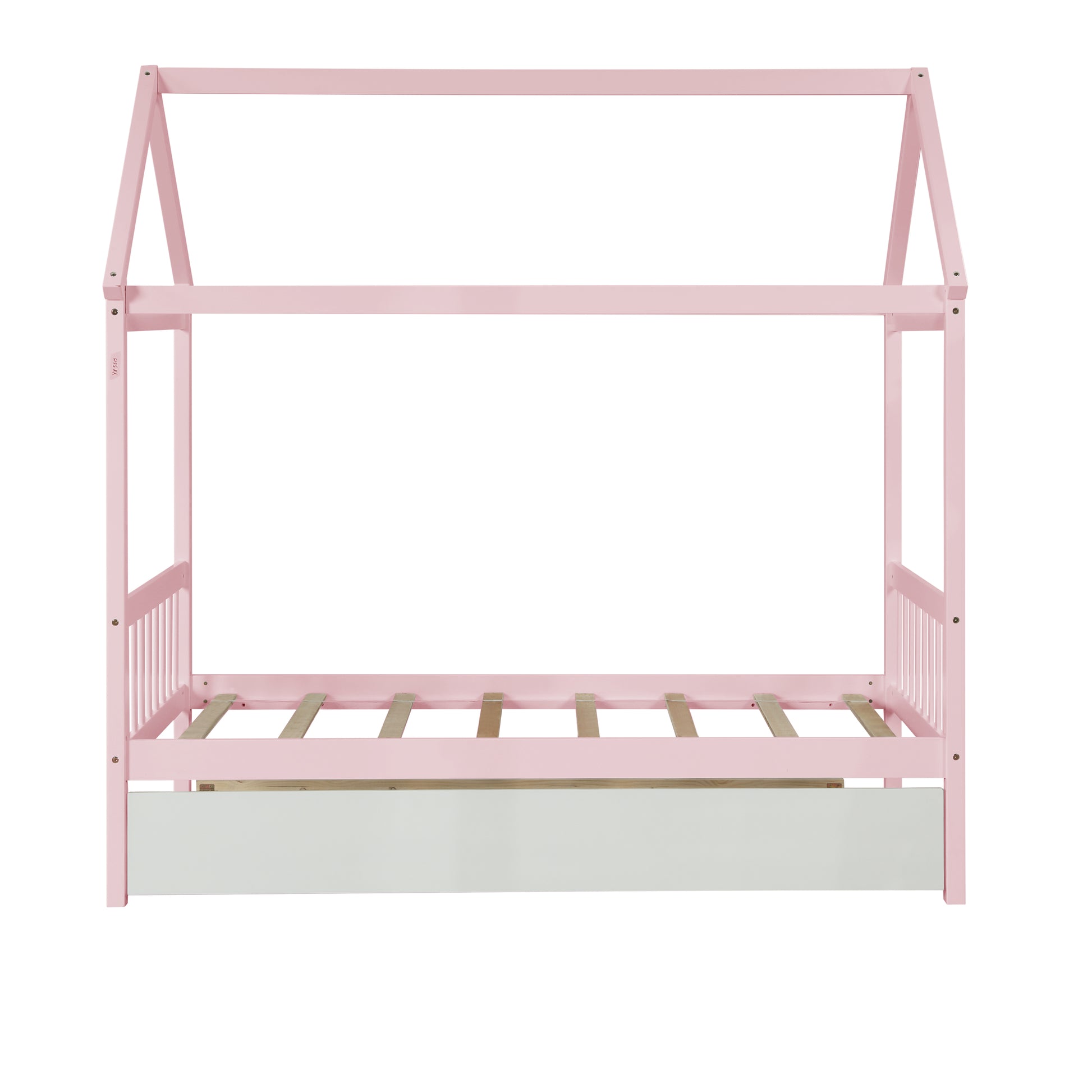 Solid Wood Twin House Bed Frame With Twin Size Trundle For Warm Pink Color, No Box Spring Needed Pink Pine