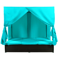 Outdoor Patio Wicker Sunbed Daybed With Cushions, Adjustable Seats Blue Rattan