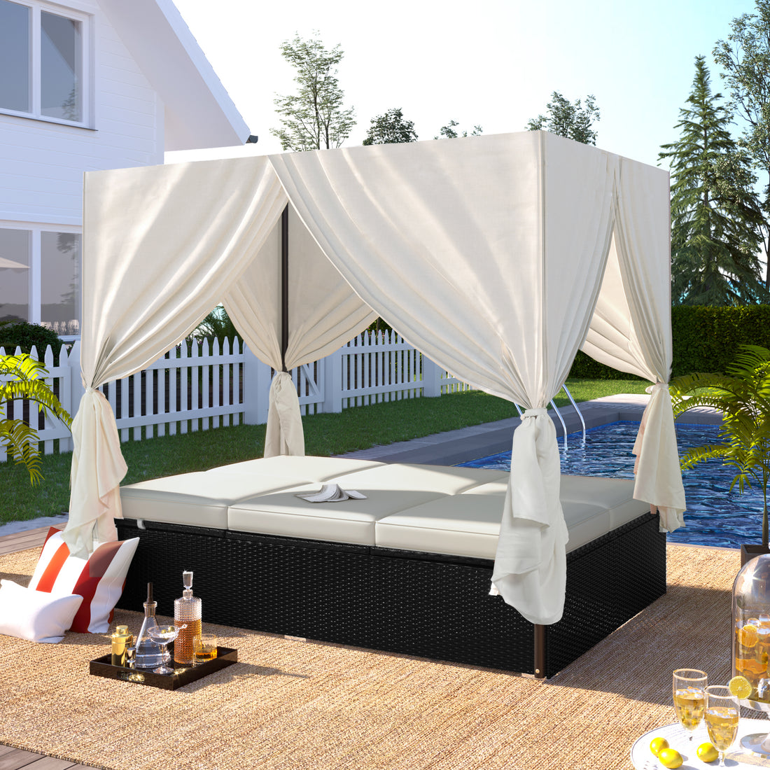 Outdoor Patio Wicker Sunbed Daybed With Cushions, Adjustable Seats Beige Rattan