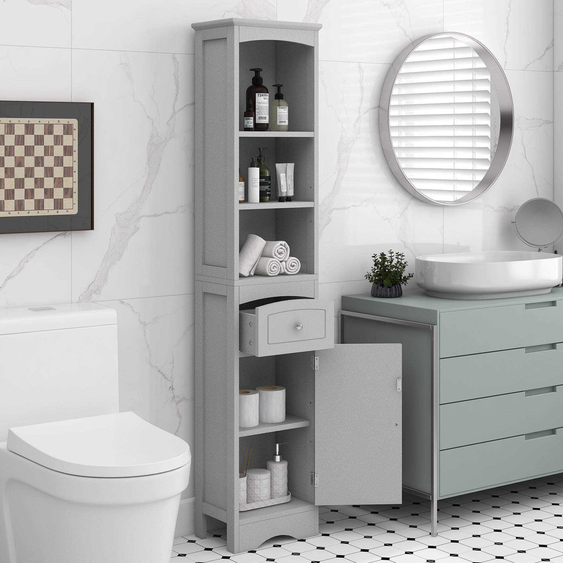 Tall Bathroom Cabinet, Freestanding Storage Cabinet With Drawer, Mdf Board, Adjustable Shelf, Grey Grey Mdf