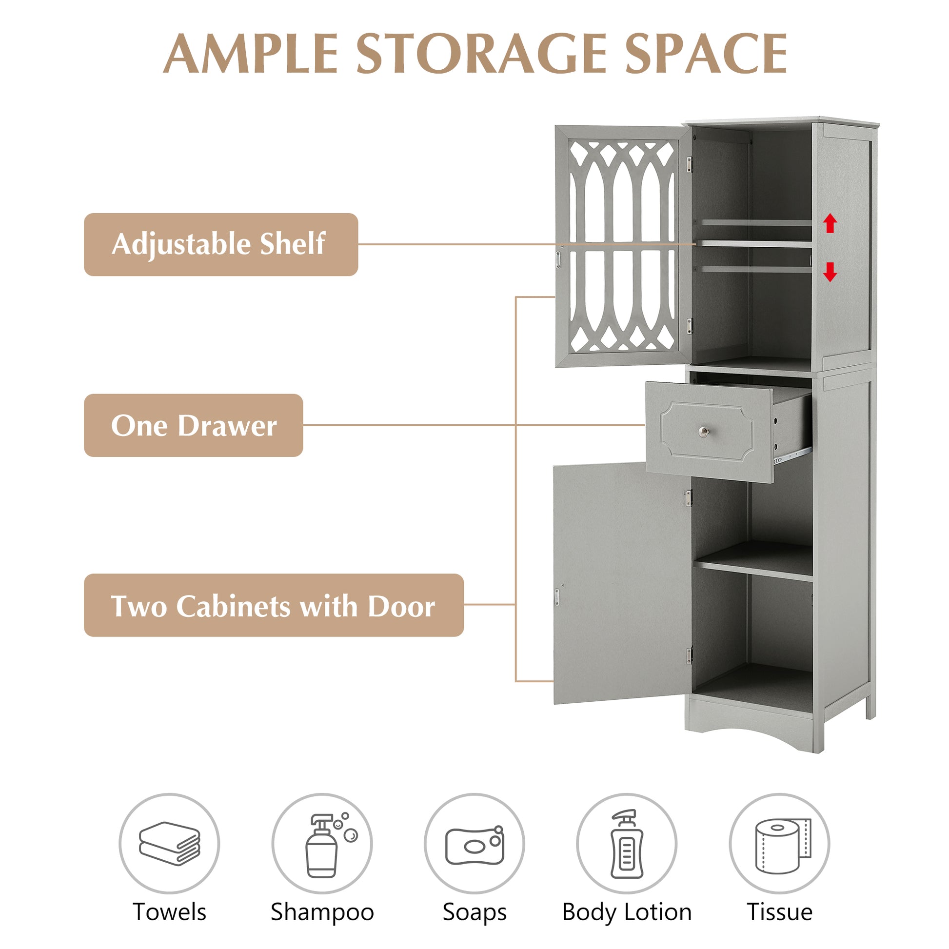 Tall Bathroom Cabinet, Freestanding Storage Cabinet With Drawer And Doors, Mdf Board, Acrylic Door, Adjustable Shelf, Grey Grey Mdf