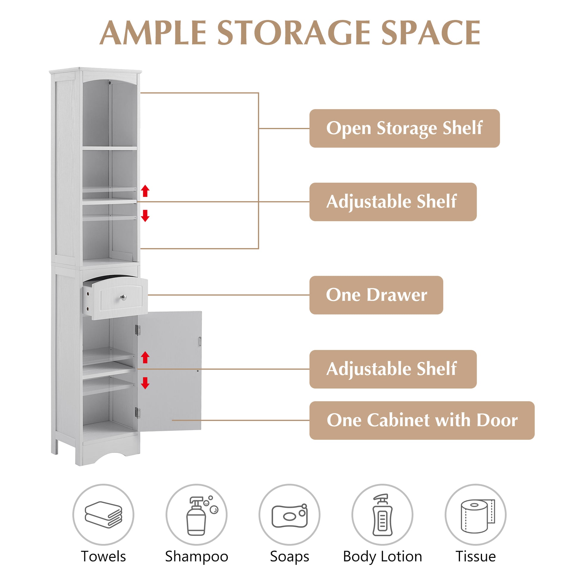 Tall Bathroom Cabinet, Freestanding Storage Cabinet With Drawer, Mdf Board, Adjustable Shelf, White White Mdf