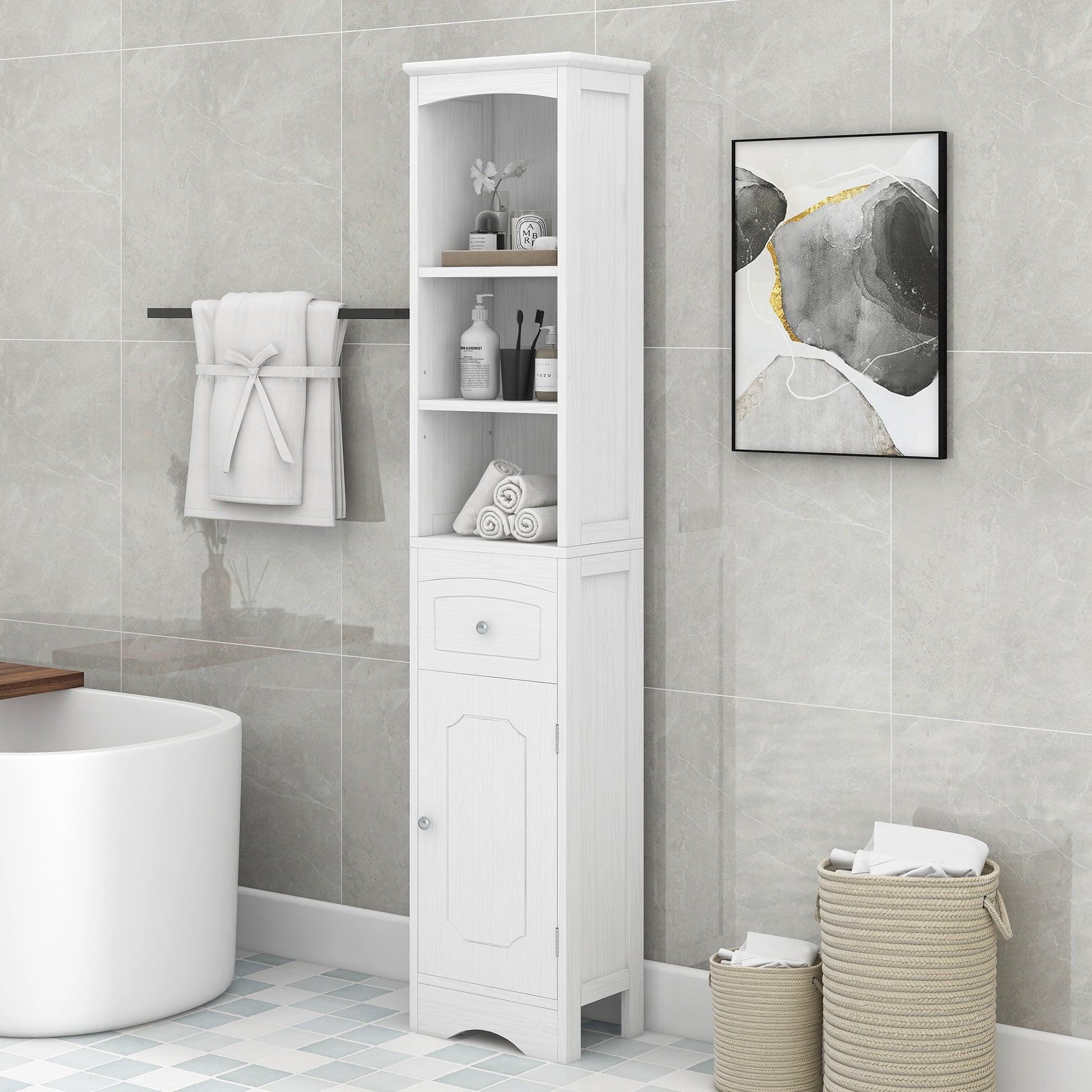 Tall Bathroom Cabinet, Freestanding Storage Cabinet With Drawer, Mdf Board, Adjustable Shelf, White White Mdf