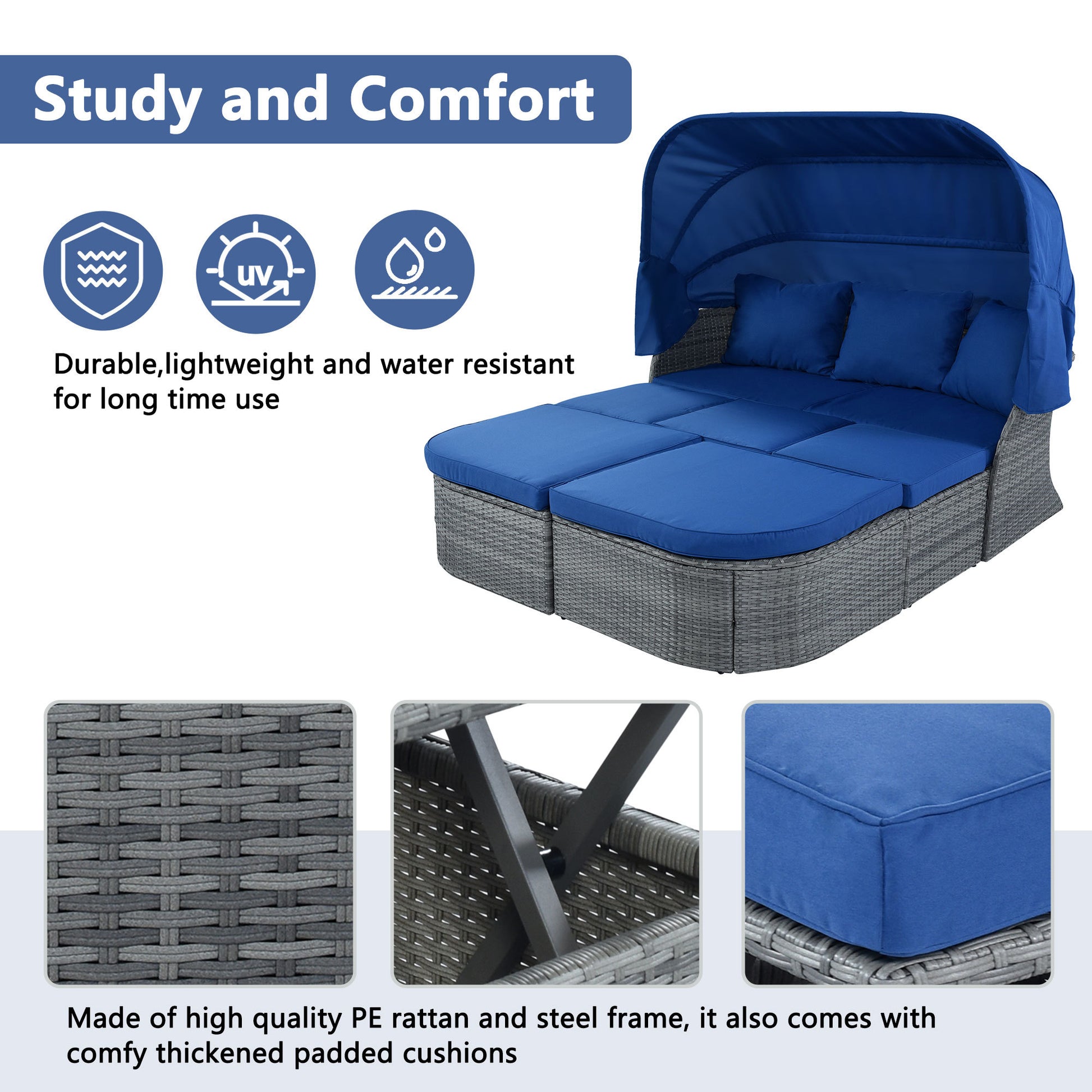 Outdoor Patio Furniture Set Daybed Sunbed With Retractable Canopy Conversation Set Wicker Furniture As Same As Wy000281Aae Blue Rattan
