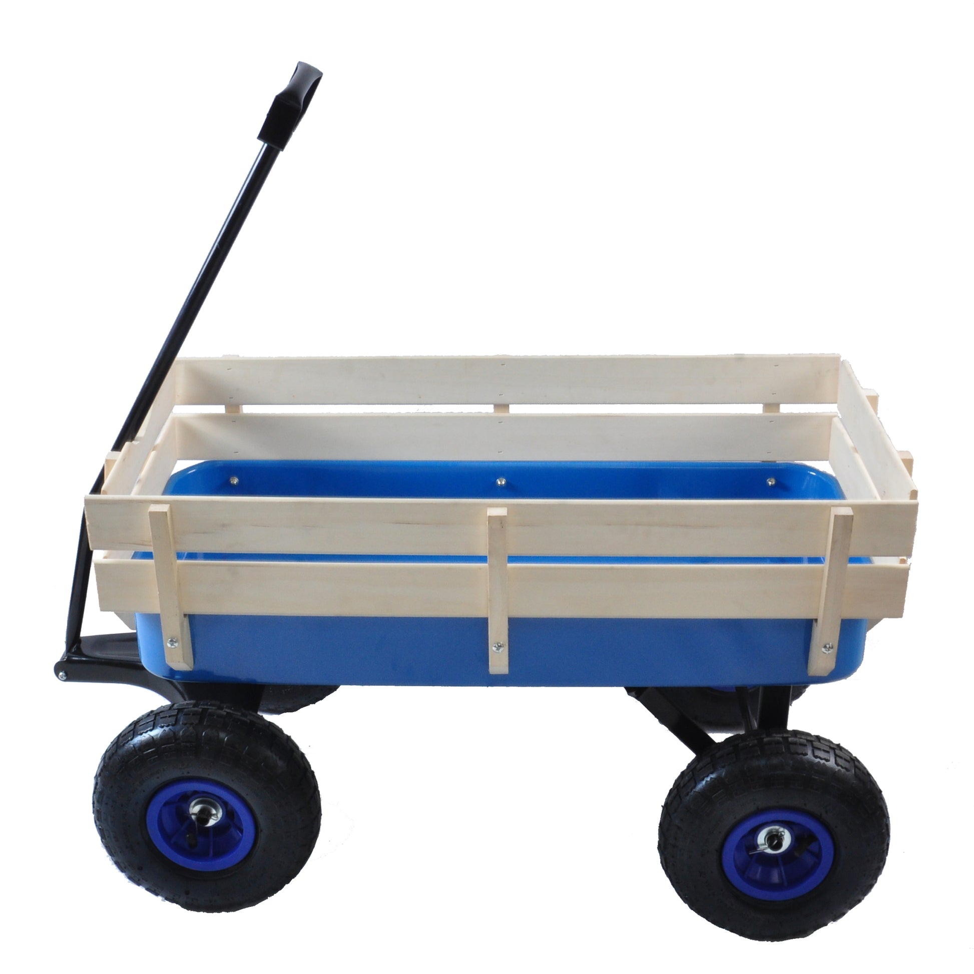 Outdoor Wagon All Terrain Pulling Wood Railing Air Tires Garden Cart Blue Steel