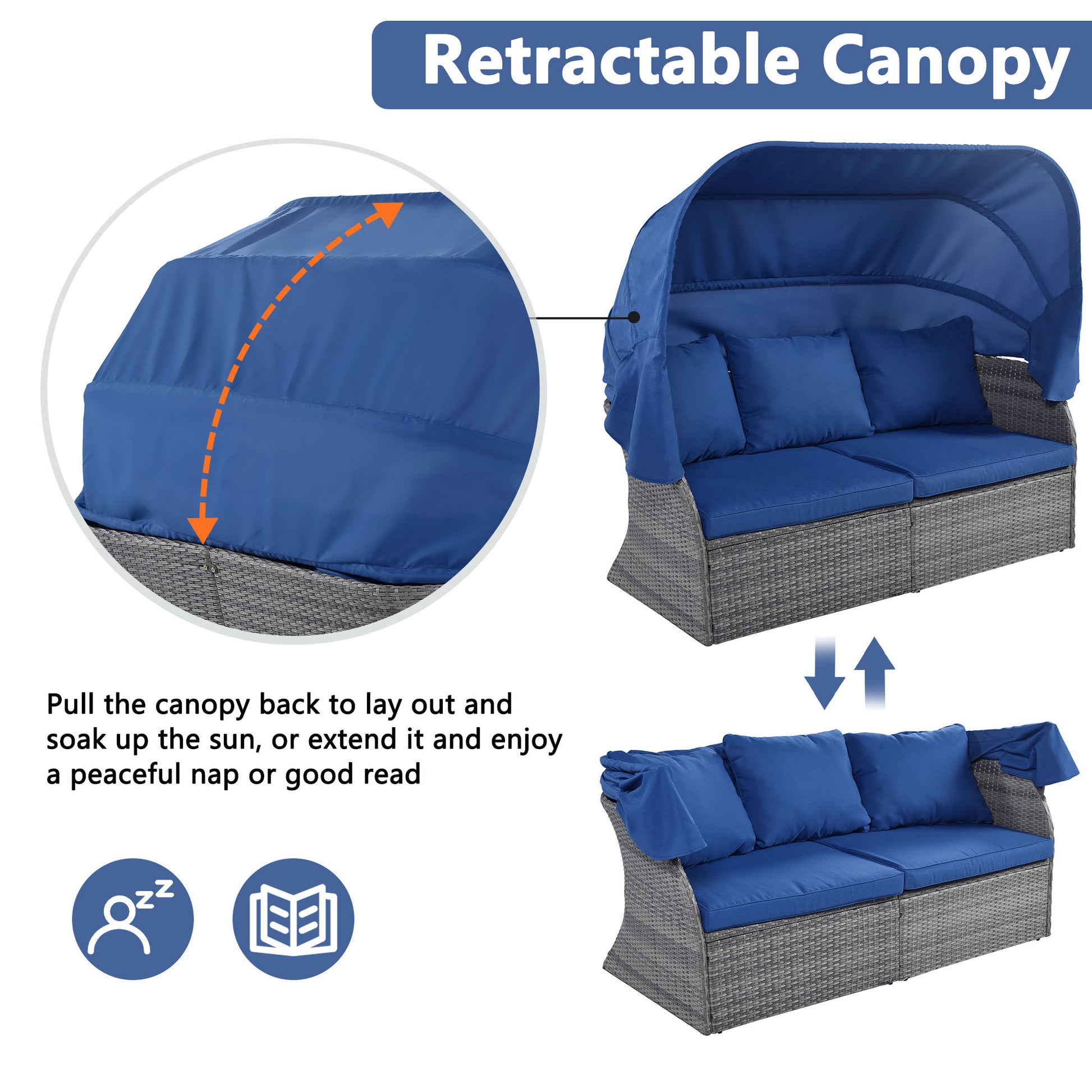 Outdoor Patio Furniture Set Daybed Sunbed With Retractable Canopy Conversation Set Wicker Furniture As Same As Wy000281Aae Blue Rattan