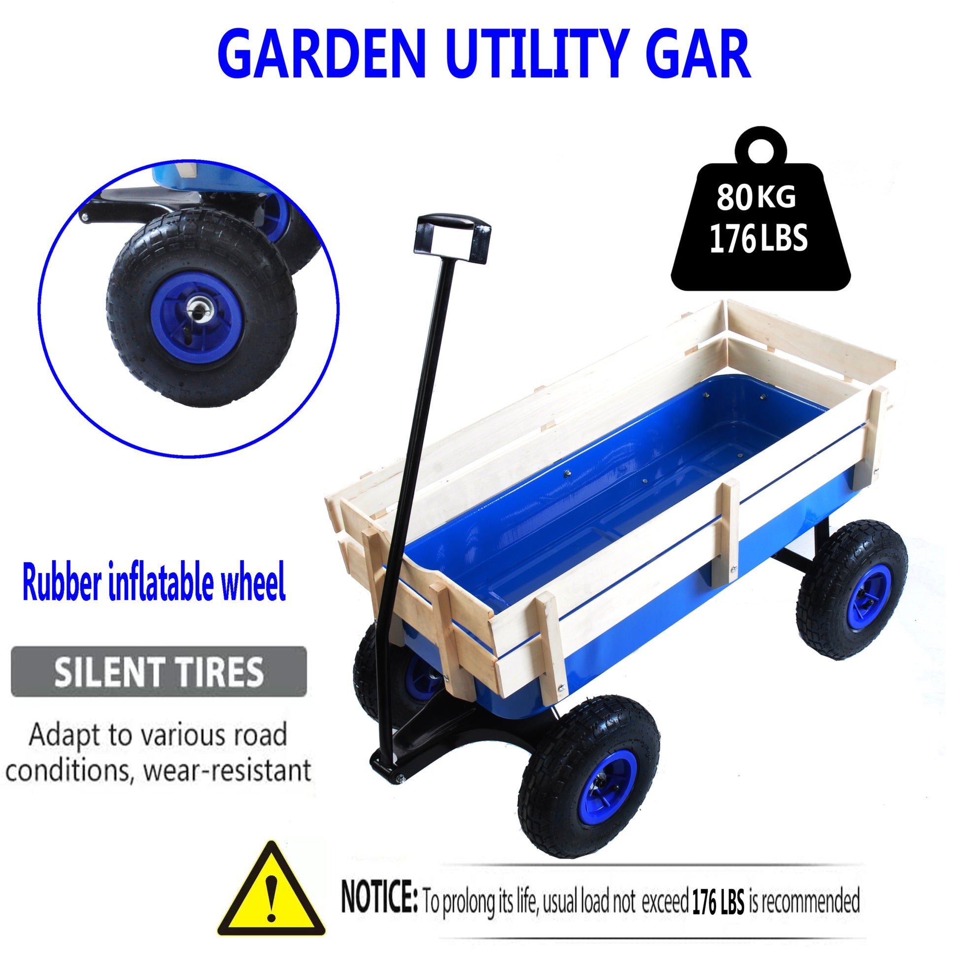 Outdoor Wagon All Terrain Pulling Wood Railing Air Tires Garden Cart Blue Steel