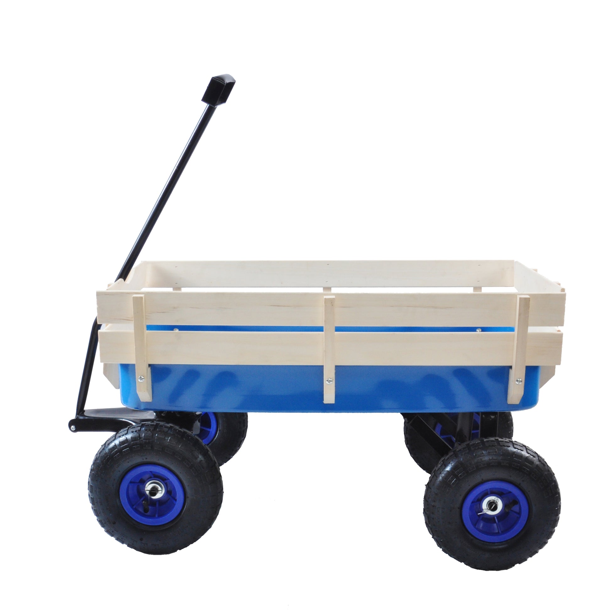 Outdoor Wagon All Terrain Pulling Wood Railing Air Tires Garden Cart Blue Steel