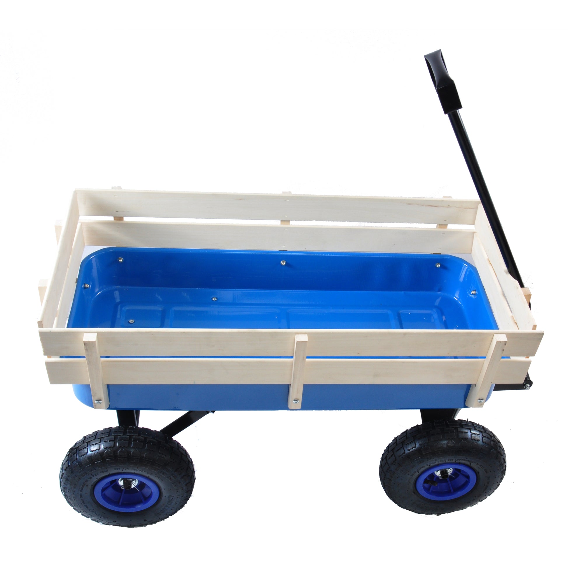 Outdoor Wagon All Terrain Pulling Wood Railing Air Tires Garden Cart Blue Steel