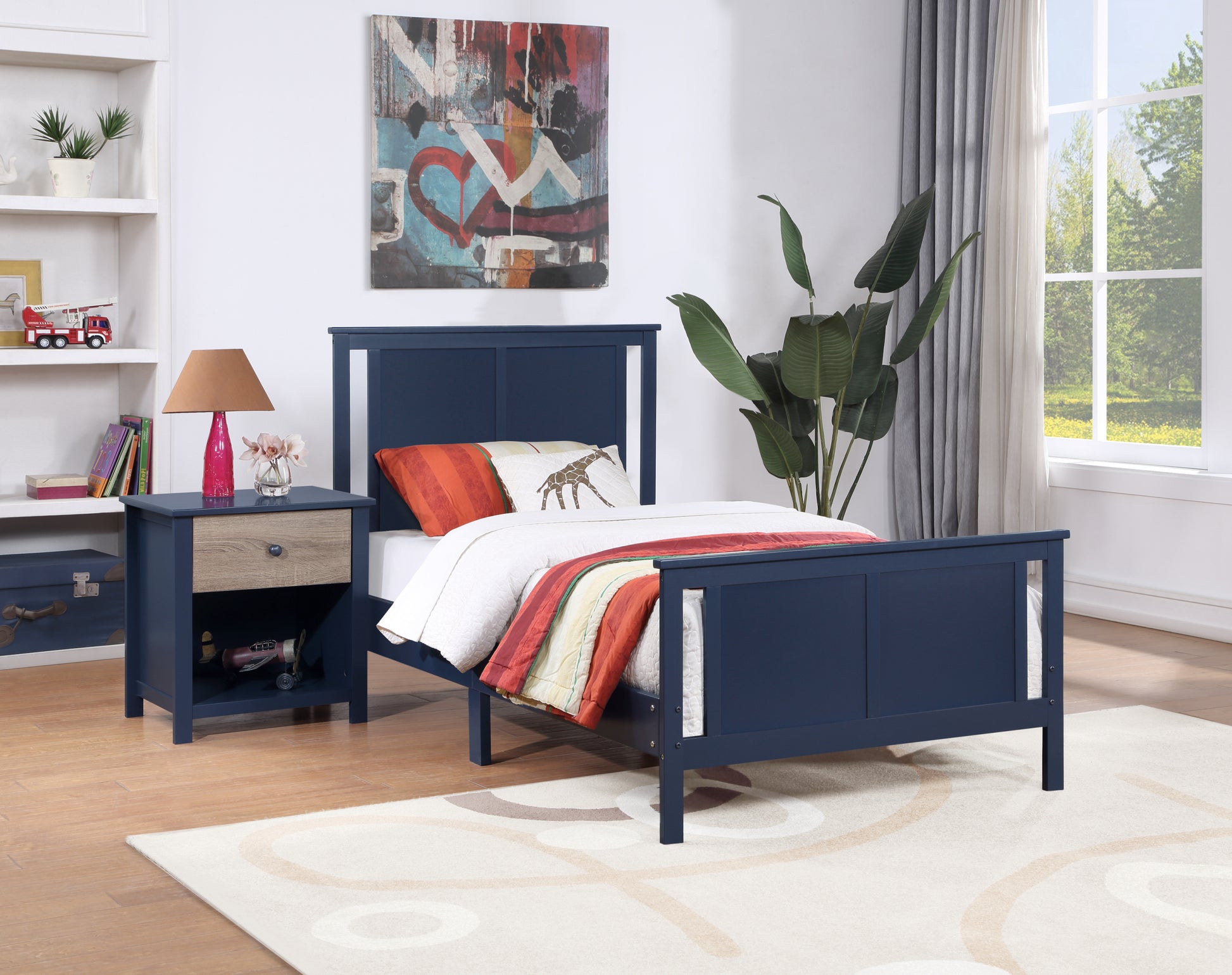 Connelly Twin Bed Midnight Blue Vintage Walnut Dark Blue Solid Wood