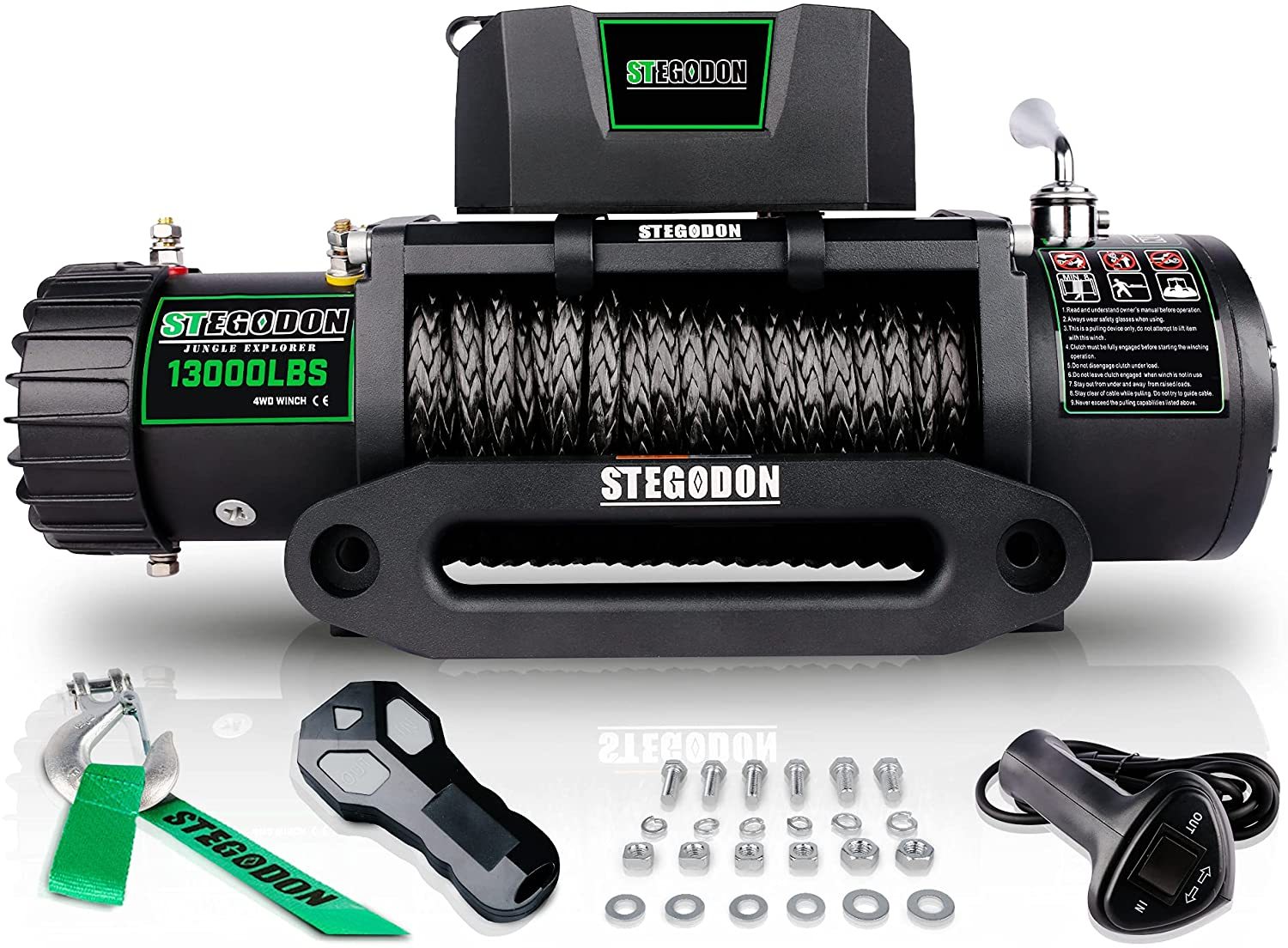 Stegodon 13000 Lbs Electric Winch T3,12V Synthetic Rope With Wireless Handheld Remotes And Wired Handle Black Aluminium