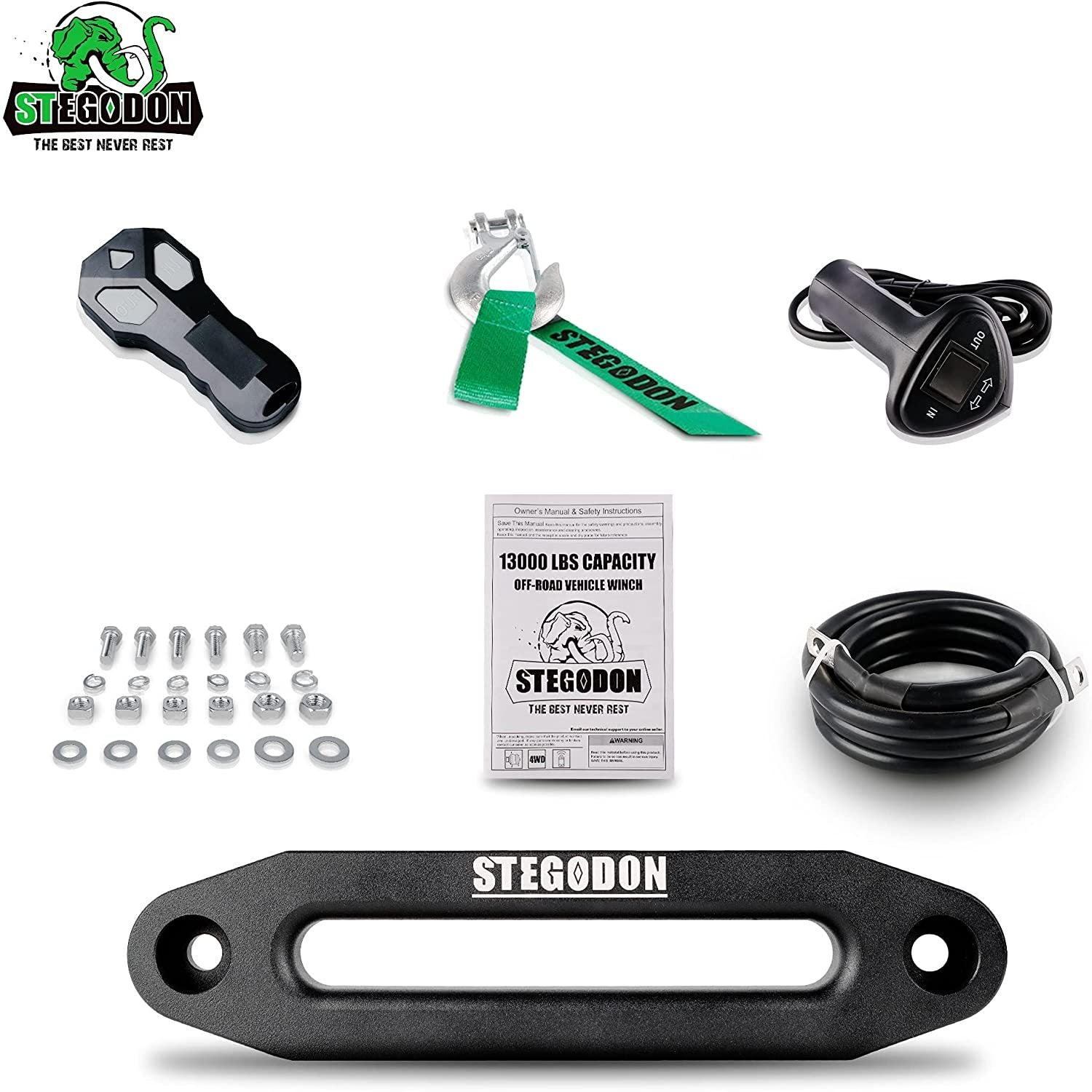 Stegodon 13000 Lbs Electric Winch T3,12V Synthetic Rope With Wireless Handheld Remotes And Wired Handle Black Aluminium