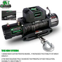 Stegodon 13000 Lbs Electric Winch T3,12V Synthetic Rope With Wireless Handheld Remotes And Wired Handle Black Aluminium