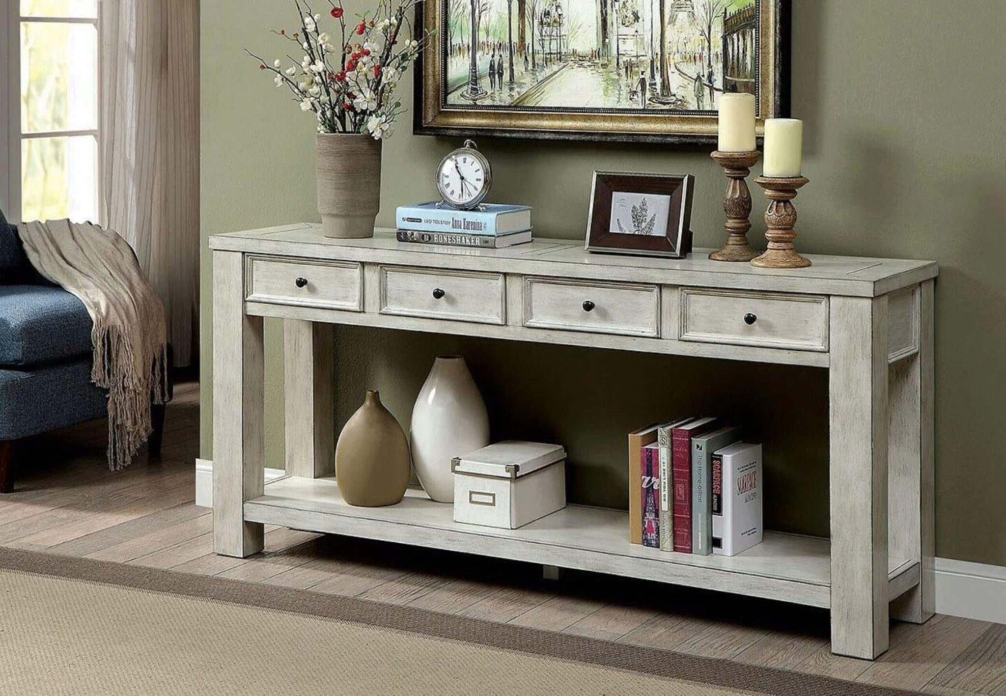 Sofa Table Antique White Rustic Solid Wood Storage Table Open Shelf Bottom Living Room 1Pc Side Table. Antique White White Primary Living Space Rustic,Transitional Rubberwood Open Storage Console