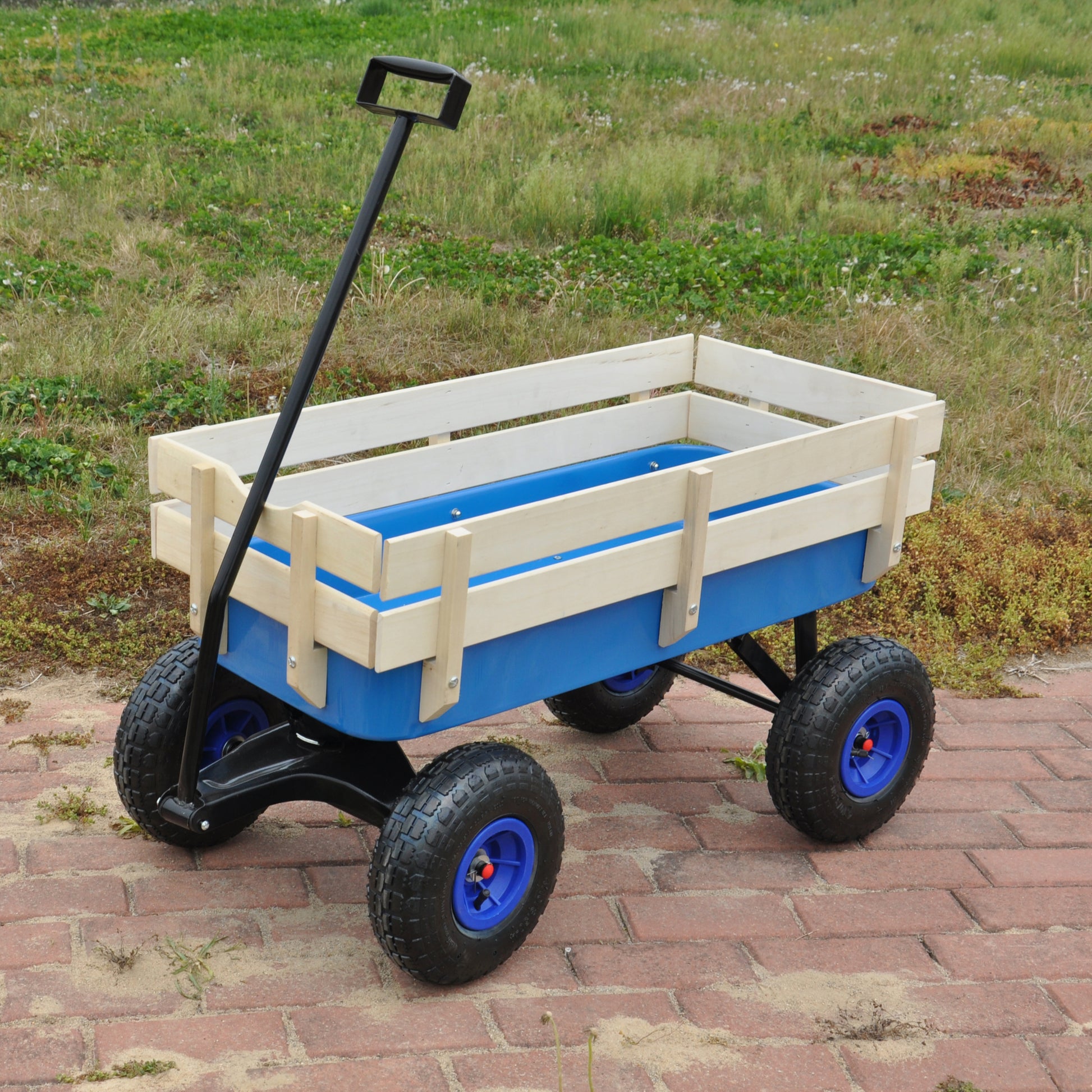 Outdoor Wagon All Terrain Pulling Wood Railing Air Tires Garden Cart Blue Steel