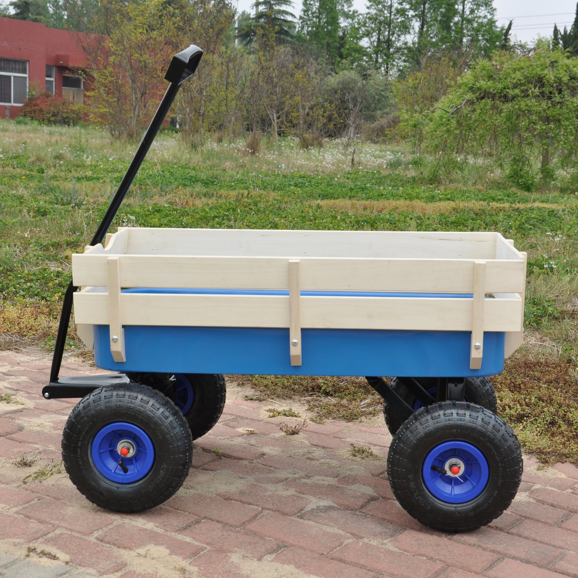 Outdoor Wagon All Terrain Pulling Wood Railing Air Tires Garden Cart Blue Steel