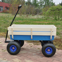 Outdoor Wagon All Terrain Pulling Wood Railing Air Tires Garden Cart Blue Steel