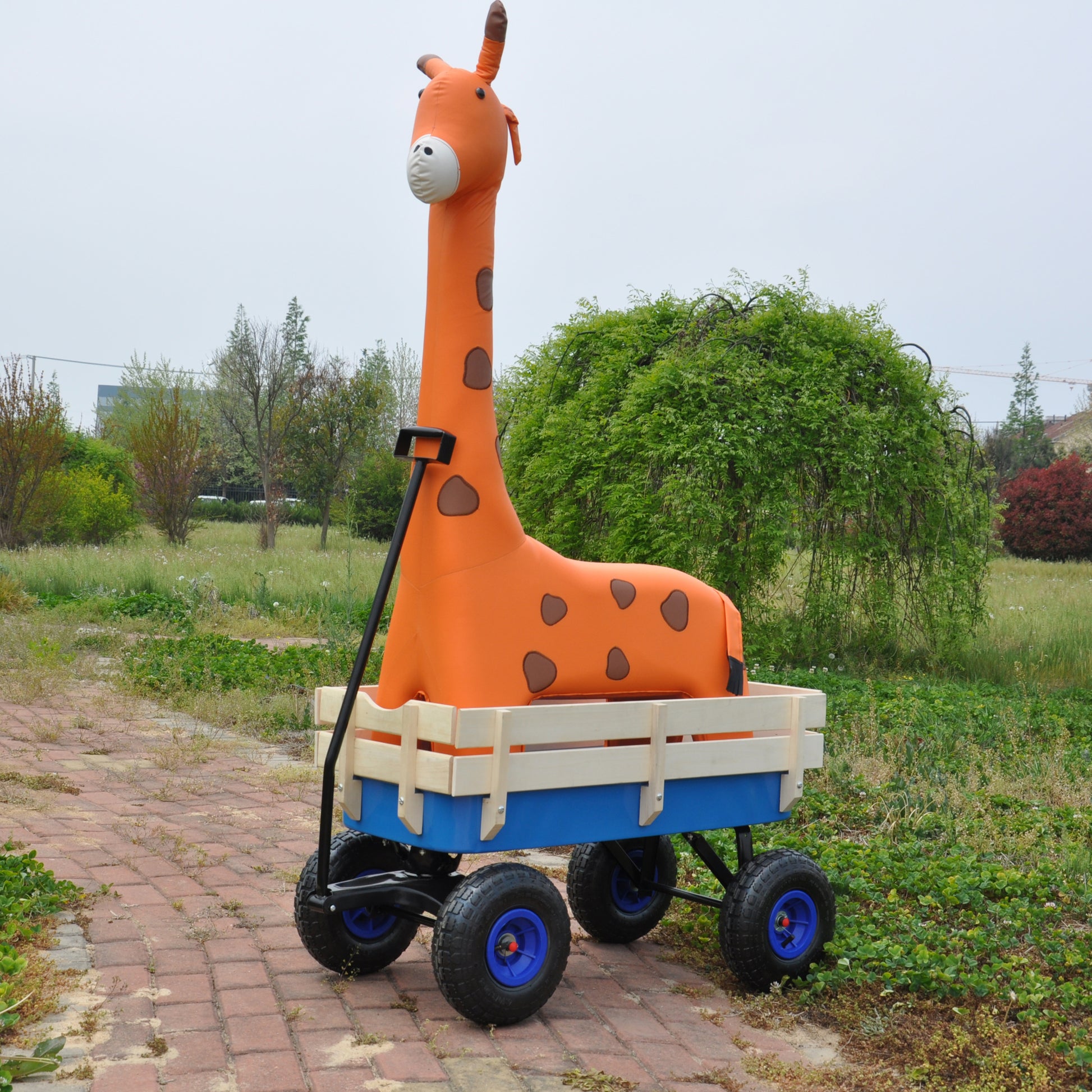 Outdoor Wagon All Terrain Pulling Wood Railing Air Tires Garden Cart Blue Steel