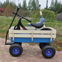 Outdoor Wagon All Terrain Pulling Wood Railing Air Tires Garden Cart Blue Steel