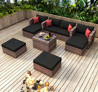 10 Pieces Outdoor Patio Garden Brown Wicker Sectional Conversation Sofa Set With Black Cushions And Red Pillows,W Furniture Protection Cover Yes Brown Seats 8 Mildew Resistant Frame Garden & Outdoor American Design Sectional Seating Groups Wicker Metal
