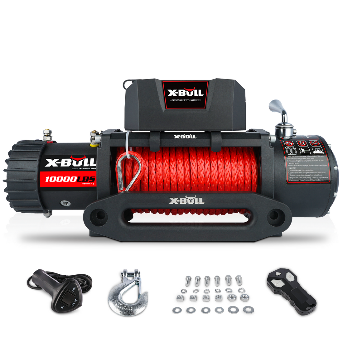 Electric Winch 10000 Lbs 12V Synthetic Rope Load Capacity Red Rope Jeep Towing Truck Off Road Black Aluminium