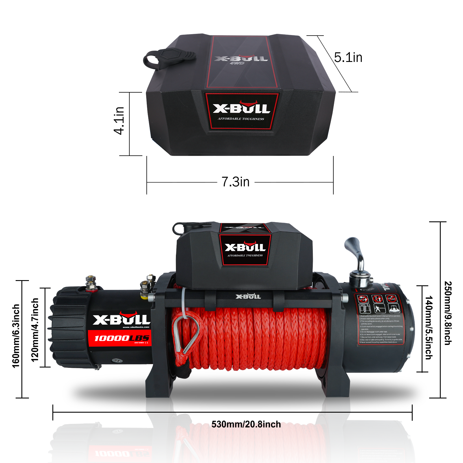 Electric Winch 10000 Lbs 12V Synthetic Rope Load Capacity Red Rope Jeep Towing Truck Off Road Black Aluminium