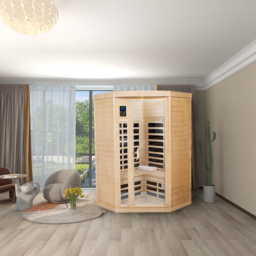 Two Persons Hemlock Far Infrared Corner Indoor Sauna Room Natural Wood Wood Stainless Steel Glass