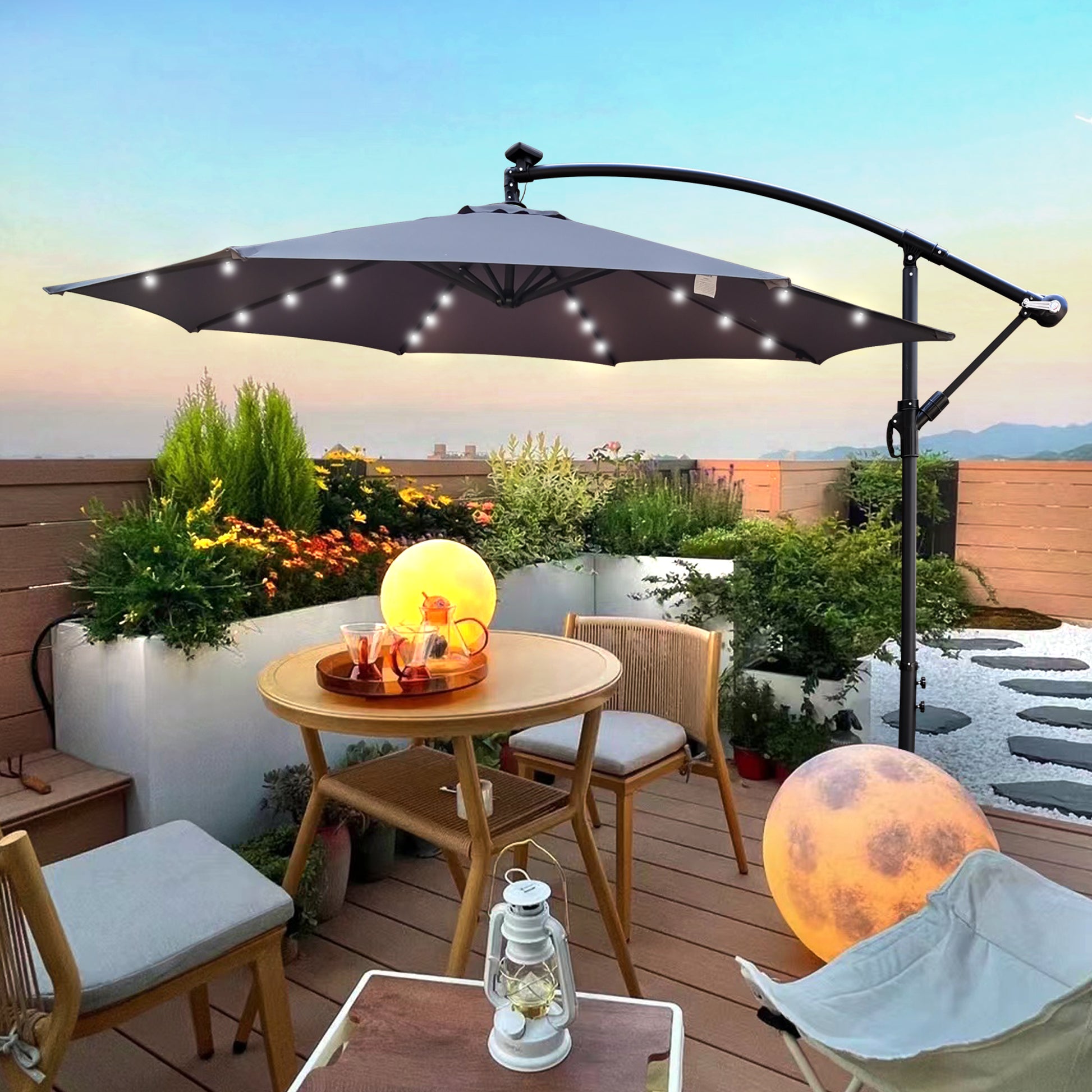 10 Ft Outdoor Patio Umbrella Solar Powered Led Lighted Sun Shade Market Waterproof 8 Ribs Umbrella With Crank And Cross Base For Garden Deck Backyard Pool Shade Outside Deck Swimming Pool Medium