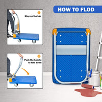 Yssoa Platform Truck With 440Lb Weight Capacity And 360 Degree Swivel Wheels, Foldable Push Hand Cart For Loading And Storage, Blue Blue Metal