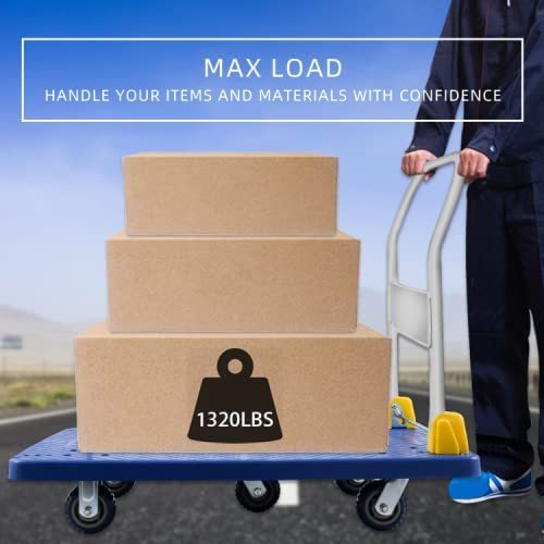 Yssoa Platform Truck With 1320Lb Weight Capacity And 360 Degree Swivel Wheels, Foldable Push Hand Cart For Loading And Storage, Blue Blue Metal
