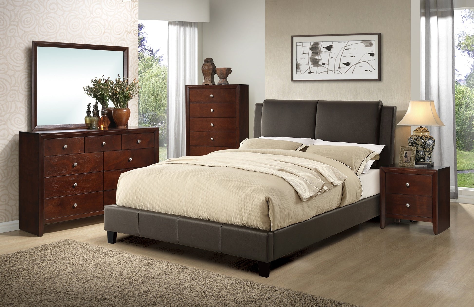 Eastern King Size Bed 1Pc Bed Set Brown Faux Leather Upholstered Two Panel Bed Frame Headboard Bedroom Furniture Box Spring Not Required King Brown Wood Bedroom Modern Pine Bed Frame Faux Leather Particle Board
