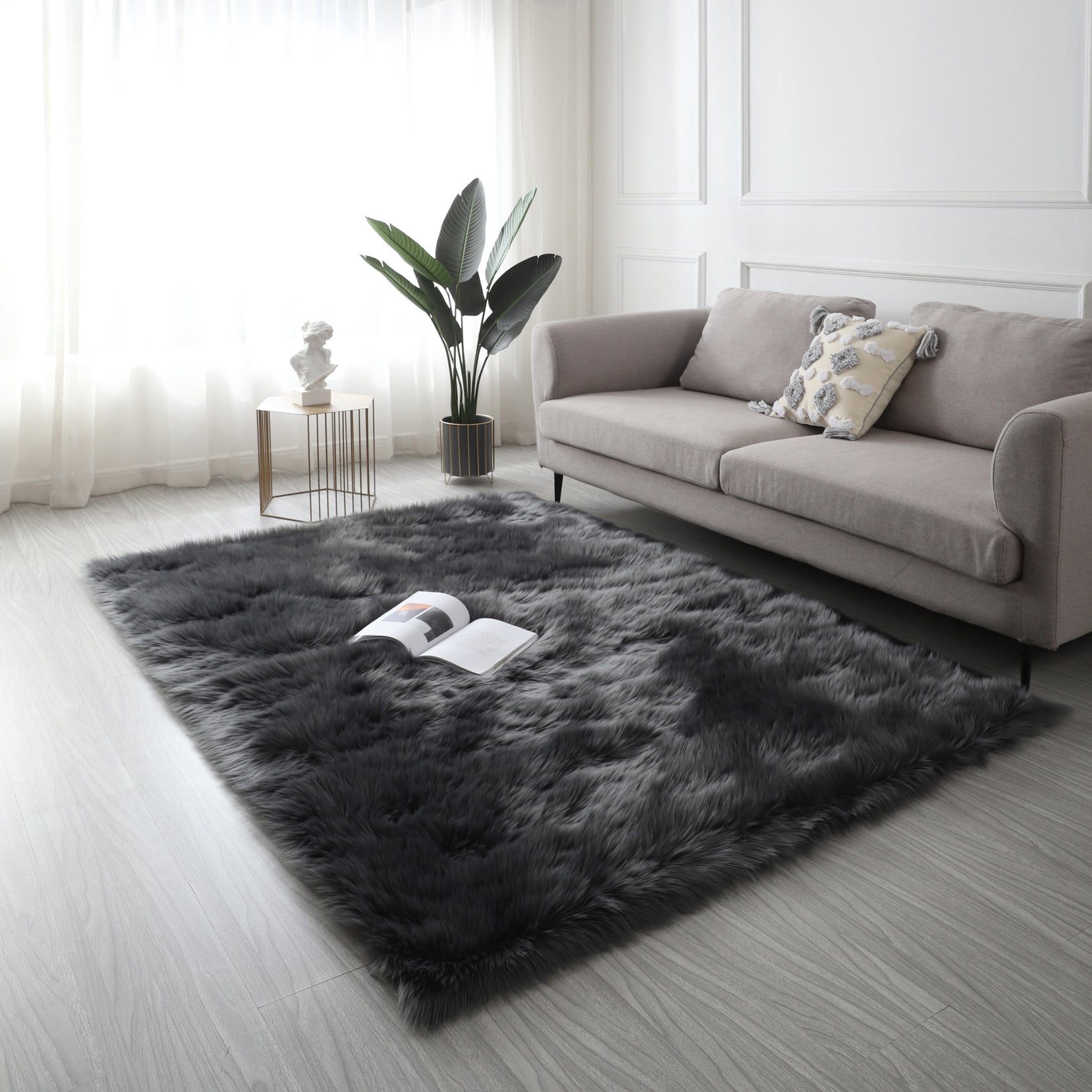 "Cozy Collection" Ultra Soft Fluffy Faux Fur Sheepskin Area Rug Gray Polyester