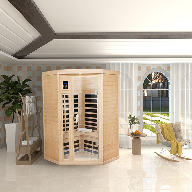 Two Persons Hemlock Far Infrared Corner Indoor Sauna Room Natural Wood Wood Stainless Steel Glass