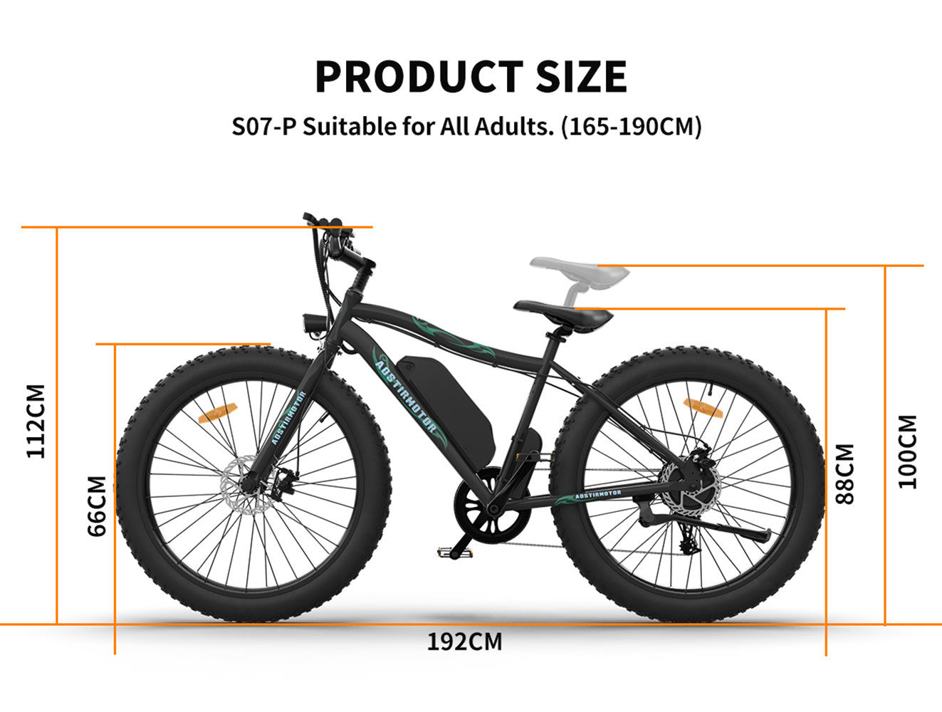 Aostirmotor 26" 500W Electric Bike Fat Tire P7 36V 12.5Ah Removable Lithium Battery For Adults S07 P Black Aluminium