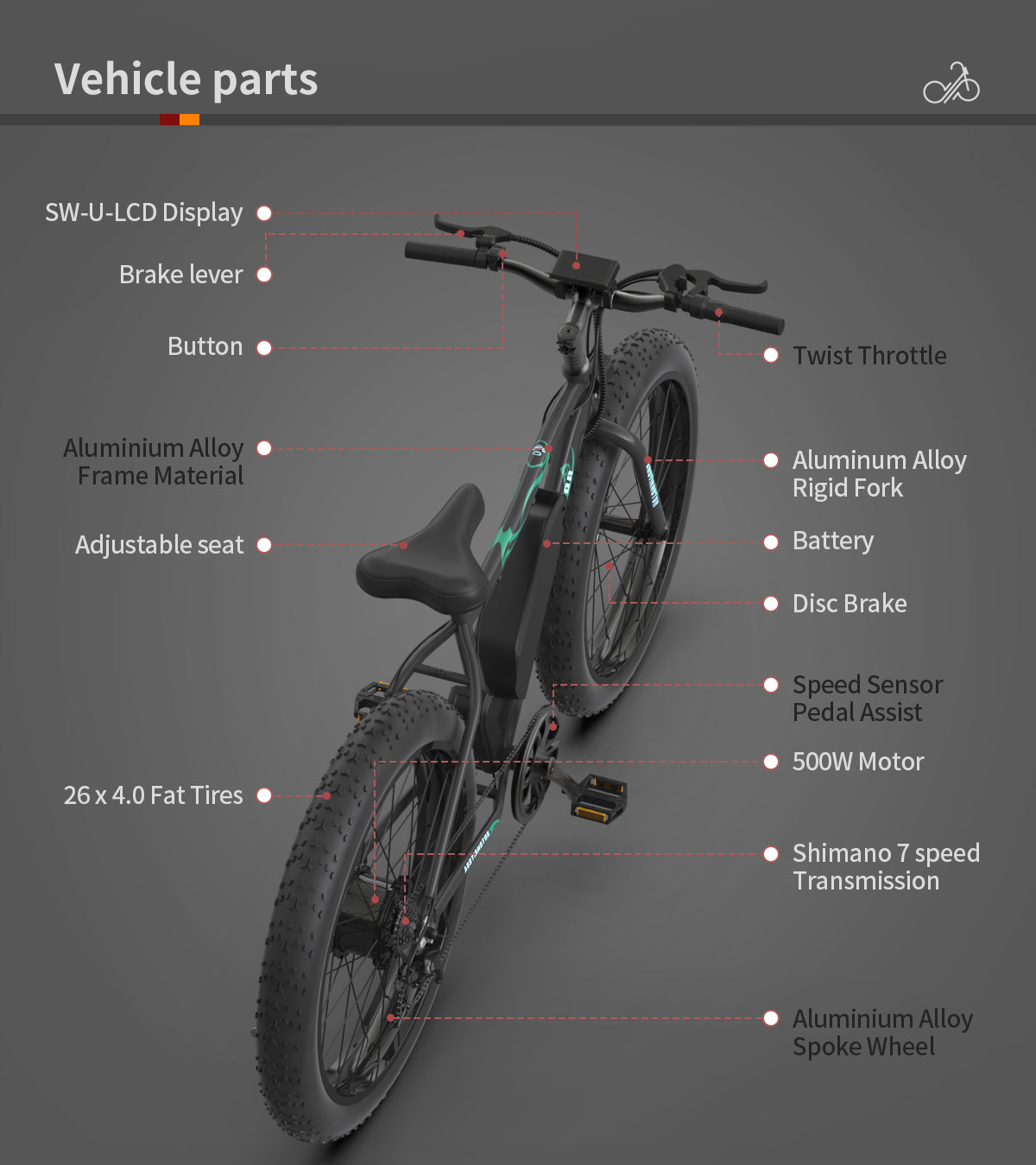 Aostirmotor 26" 500W Electric Bike Fat Tire P7 36V 12.5Ah Removable Lithium Battery For Adults S07 P Black Aluminium