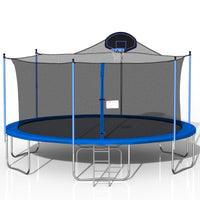 16Ft Trampoline For Adults & Kids With Basketball Hoop, Double Sided Cover,Outdoor Trampolines W Ladder And Safety Enclosure Net For Kids And Adults Blue Metal