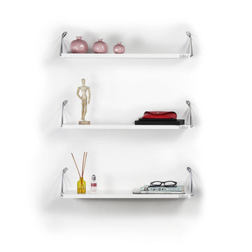 Altai Floating Wall Decor Wall Mounted Rustic Decorative Hanging Metal Bracket Triple Shelfs For Books, White Chrome Chrome Solid Wood