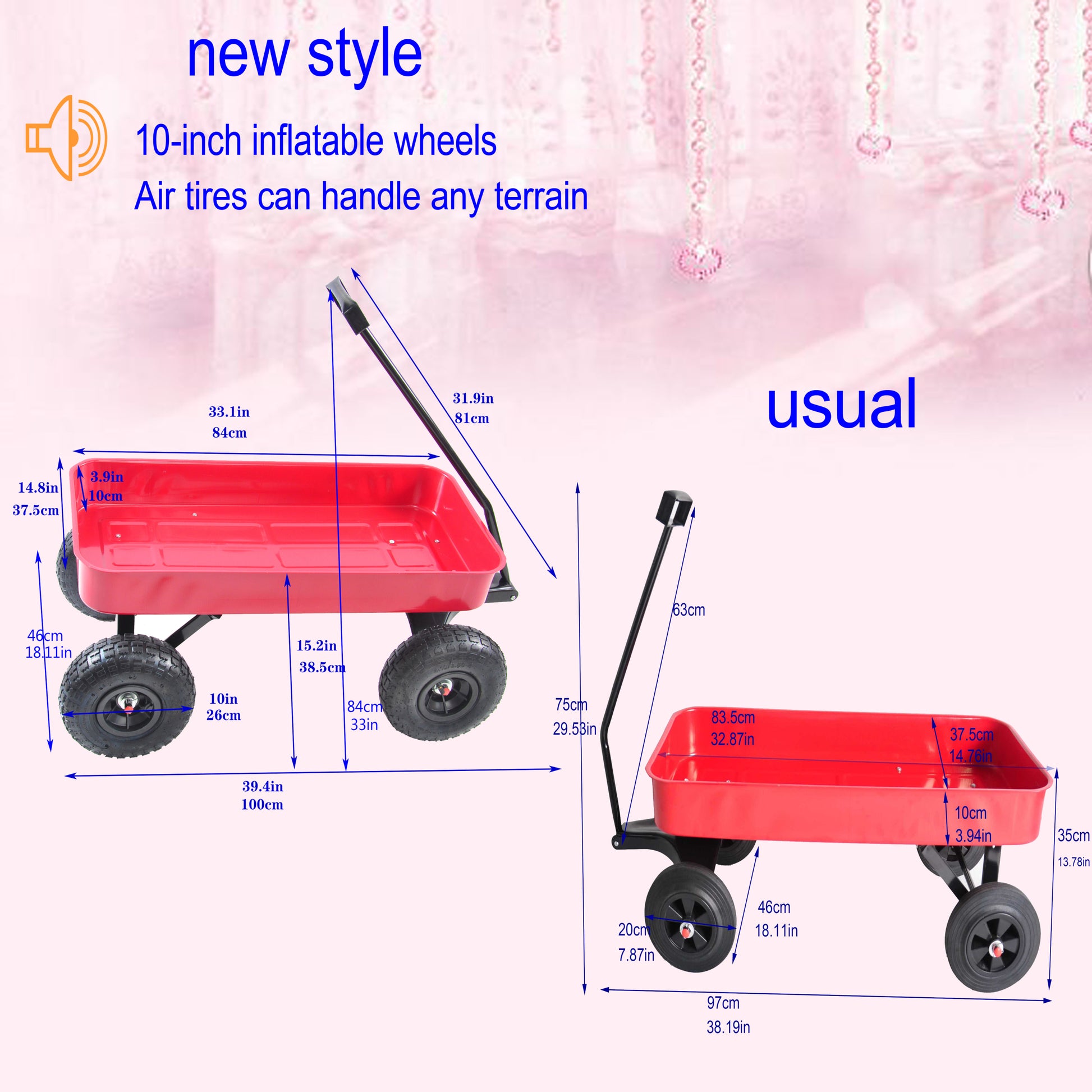 Outdoor Wagon All Terrain Pulling Air Tires Children Kid Garden Red Steel