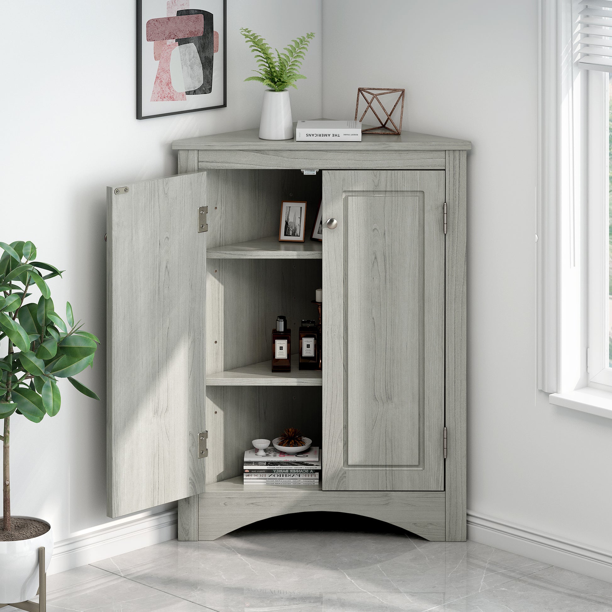 Oak Triangle Bathroom Storage Cabinet With Adjustable Shelves, Freestanding Floor Cabinet For Home Kitchen Oak Mdf