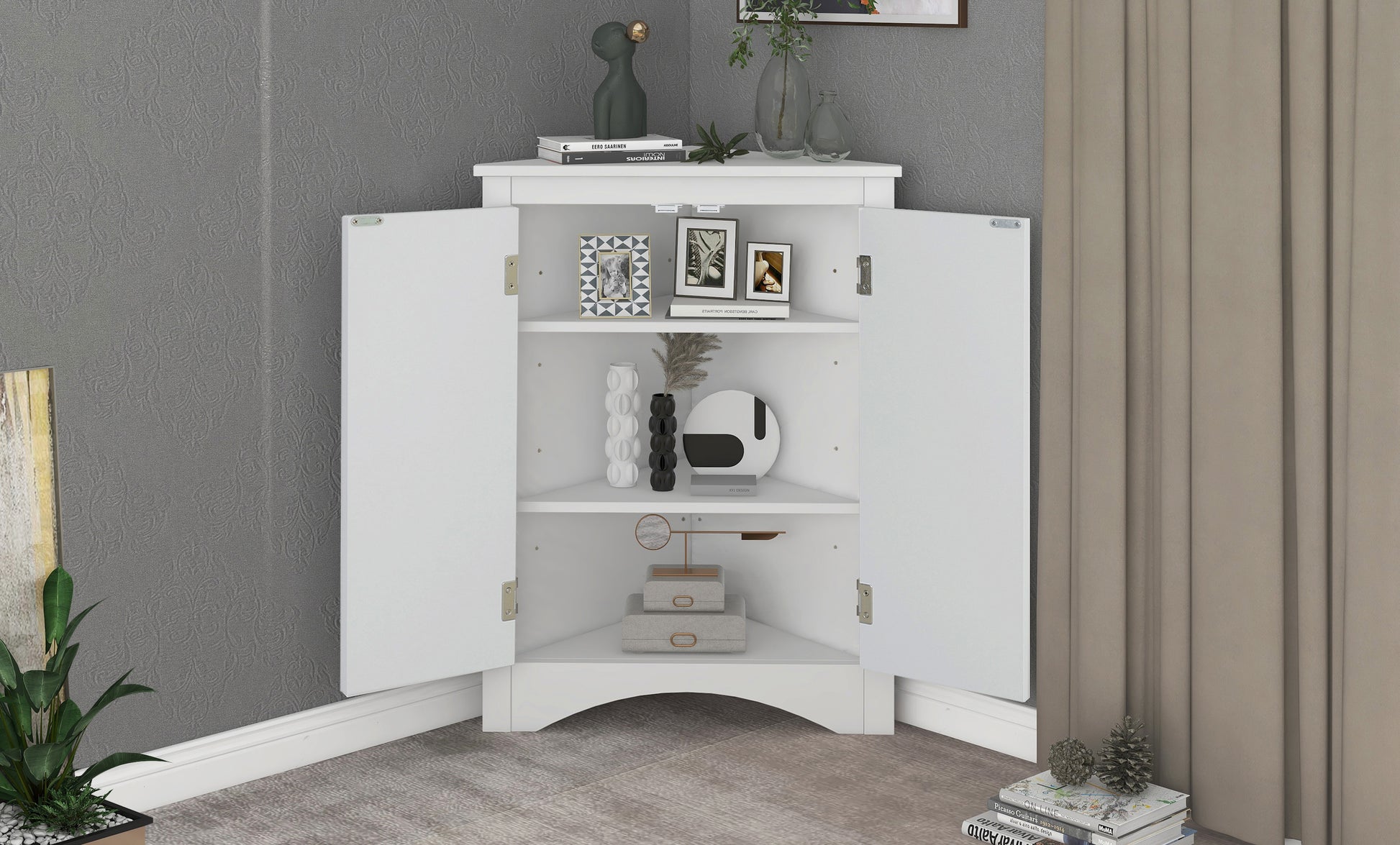 White Triangle Bathroom Storage Cabinet With Adjustable Shelves, Freestanding Floor Cabinet For Home Kitchen White Mdf