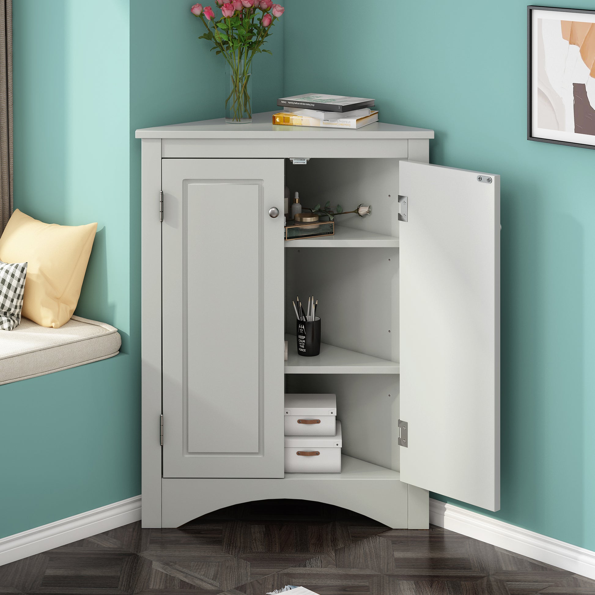 Grey Triangle Bathroom Storage Cabinet With Adjustable Shelves, Freestanding Floor Cabinet For Home Kitchen Grey Mdf