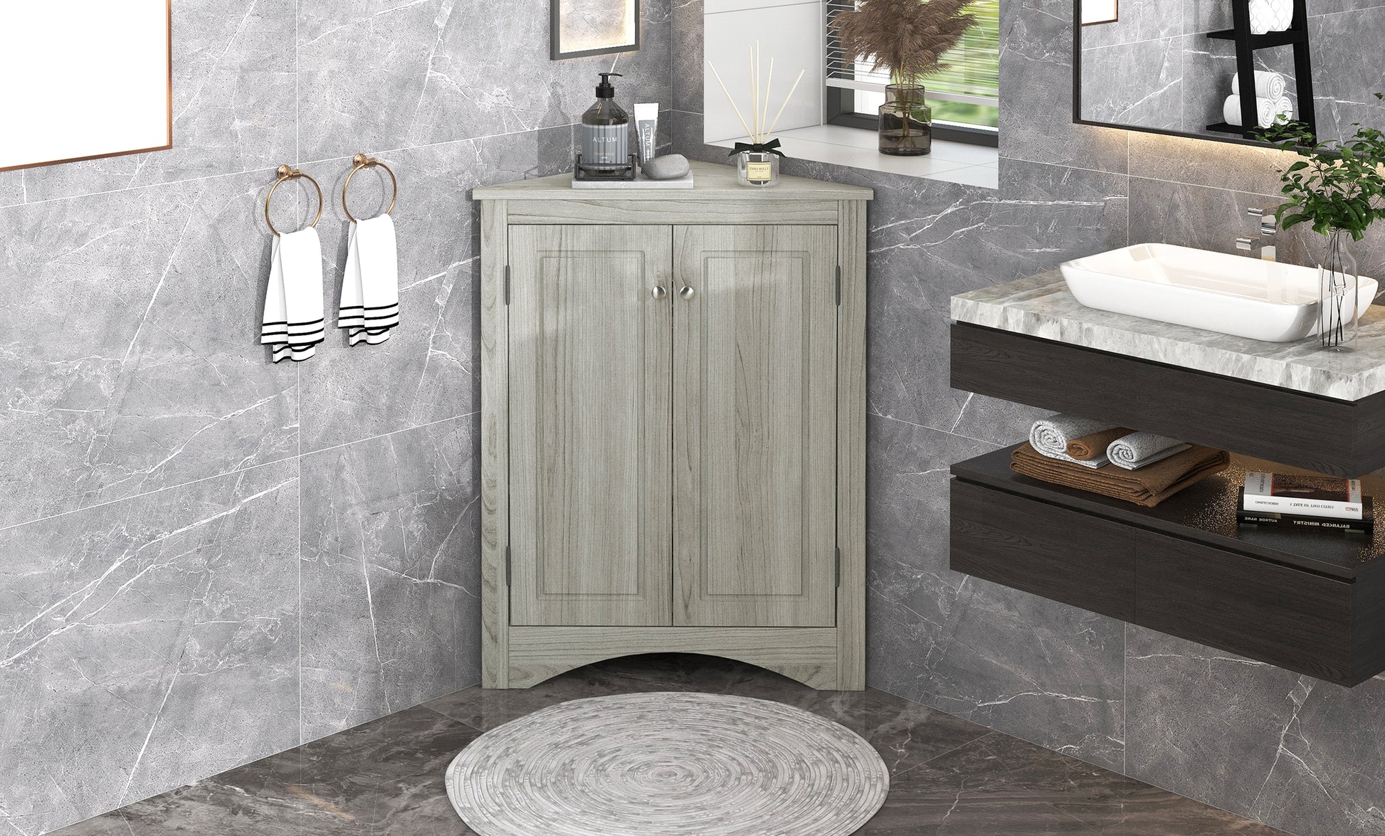 Oak Triangle Bathroom Storage Cabinet With Adjustable Shelves, Freestanding Floor Cabinet For Home Kitchen Oak Mdf