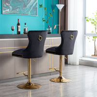 Swivel Bar Stools Chair Set Of 2 Modern Adjustable Counter Height Bar Stools, Velvet Upholstered Stool With Tufted High Back & Ring Pull For Kitchenchrome Golden Base, Black Black Foam Fabric