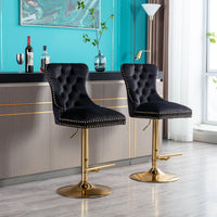 Swivel Bar Stools Chair Set Of 2 Modern Adjustable Counter Height Bar Stools, Velvet Upholstered Stool With Tufted High Back & Ring Pull For Kitchenchrome Golden Base, Black Black Foam Fabric