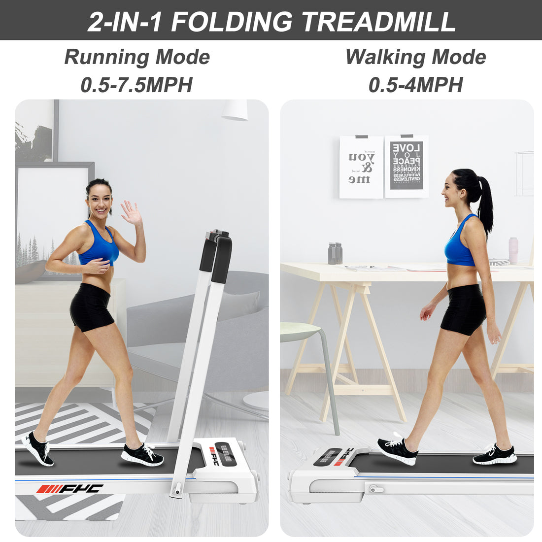 Fyc 2 In 1 Under Desk Treadmill 3.5 Hp Folding Treadmill For Home, Installation Free Foldable Treadmill Compact Electric Running Machine, Remote Control & Led Display Walking Running Jogging White Steel