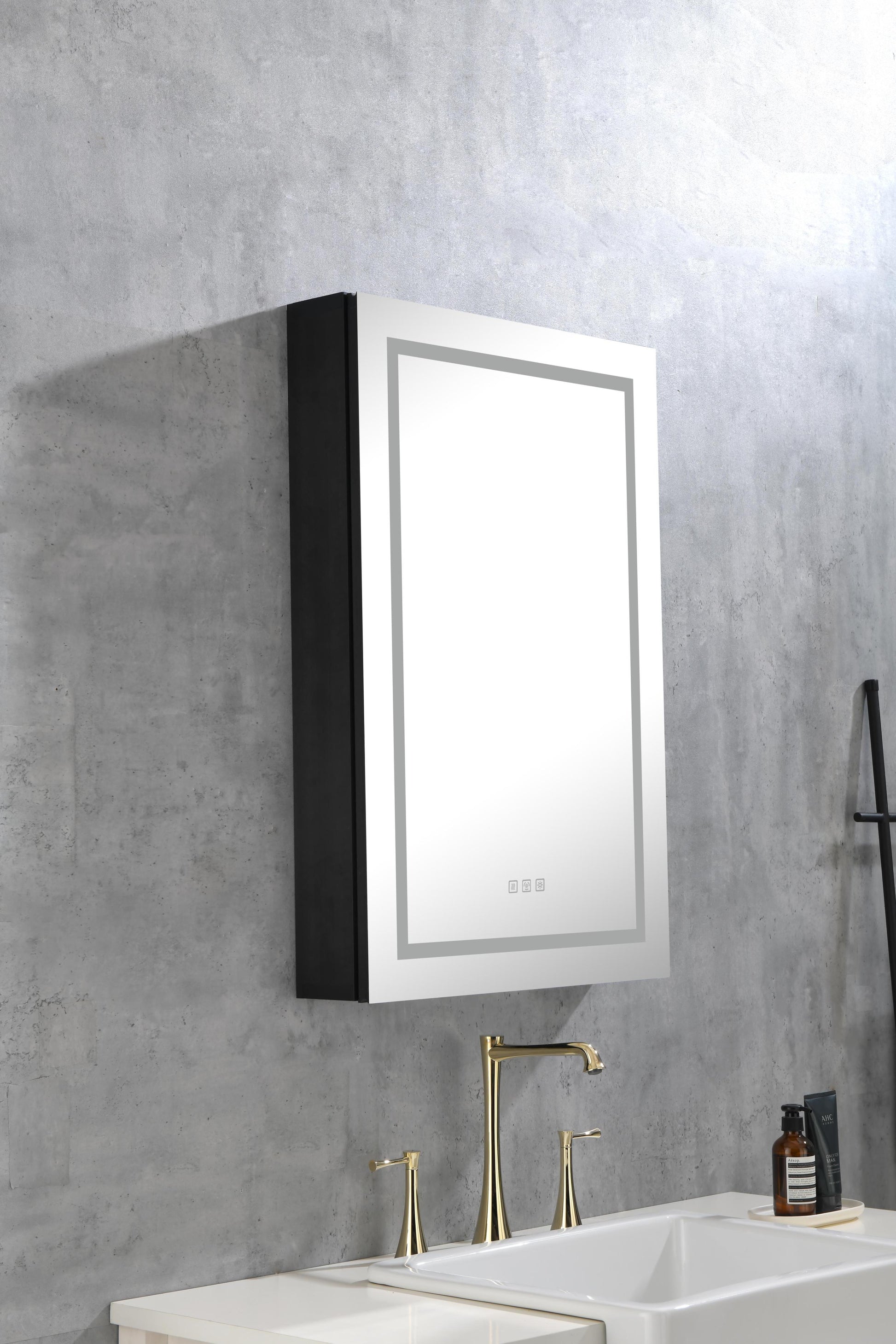 Led Lighted Bathroom Medicine Cabinet With Mirror, Surface Lighted Medicine Cabinet,Dimmable,Adjustable Shelves,Intelligent Switch Medicine Cabinet, Aluminum Frame,Left Opening Door Matt Black Aluminium