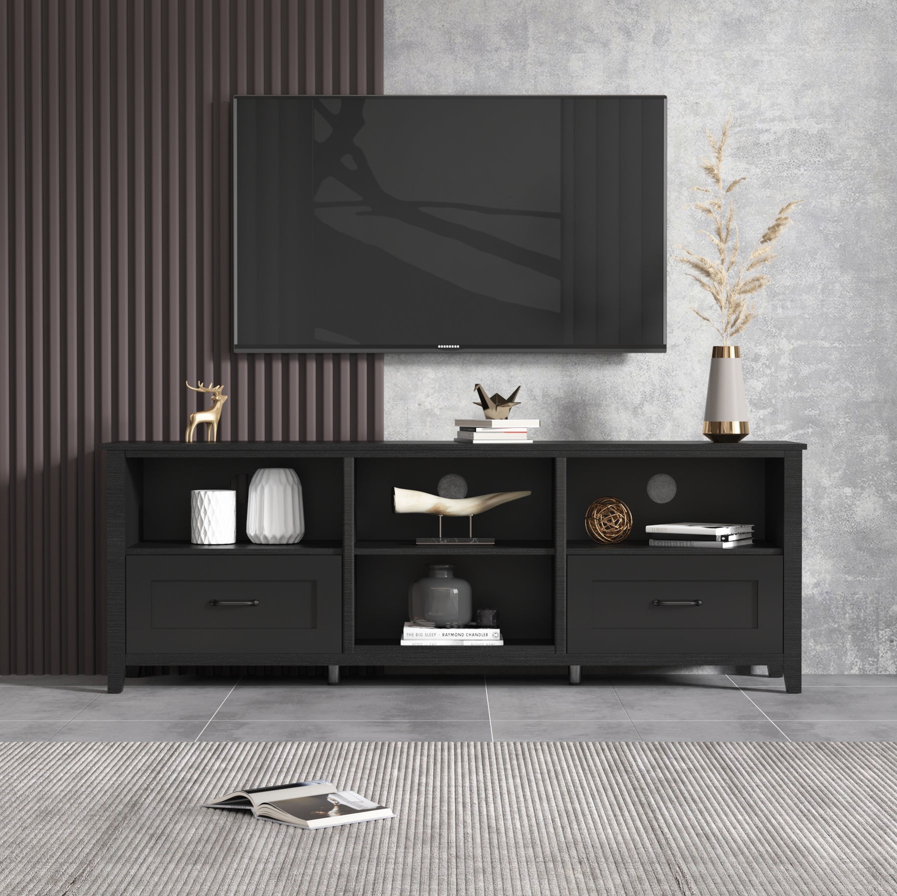 70.08 Inch Length Black Tv Stand For Living Room And Bedroom, With 2 Drawers And 4 High Capacity Storage Compartment. Black Particle Board