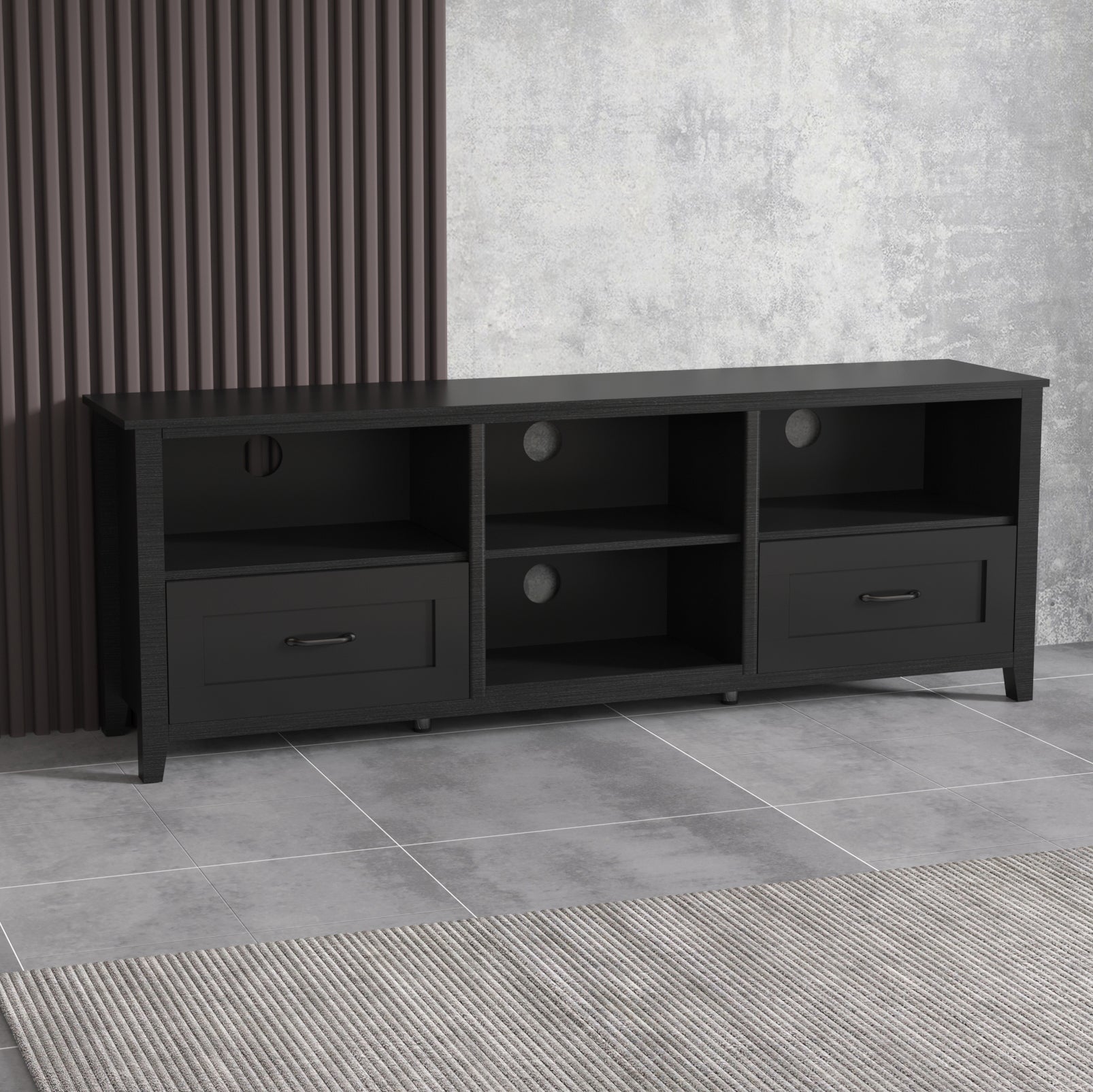 70.08 Inch Length Tv Stand For Living Room And Bedroom, With 2 Drawers And 4 High Capacity Storage Compartment,Black Walnut Black 70 79 Inches Particle Board