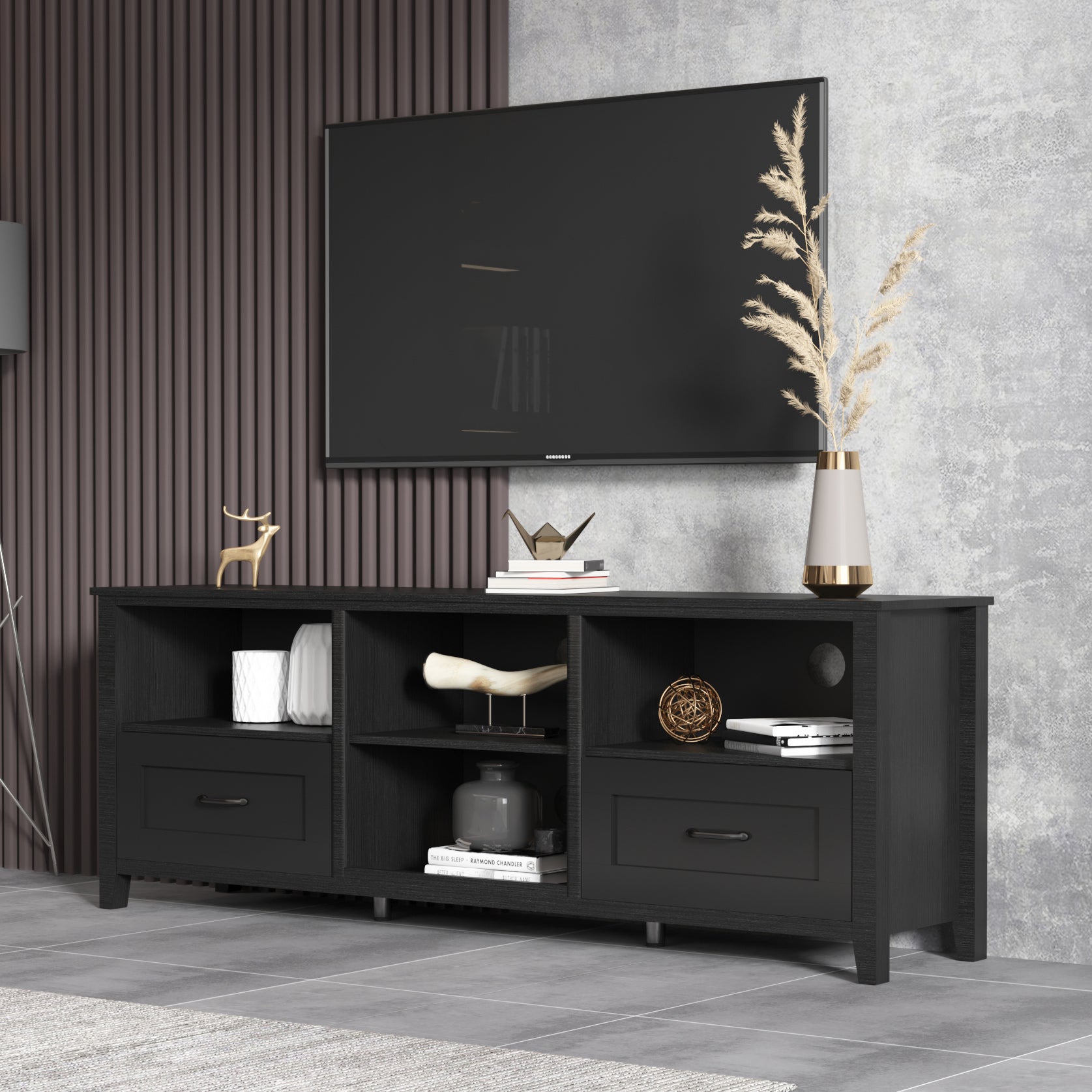 70.08 Inch Length Black Tv Stand For Living Room And Bedroom, With 2 Drawers And 4 High Capacity Storage Compartment. Black Particle Board