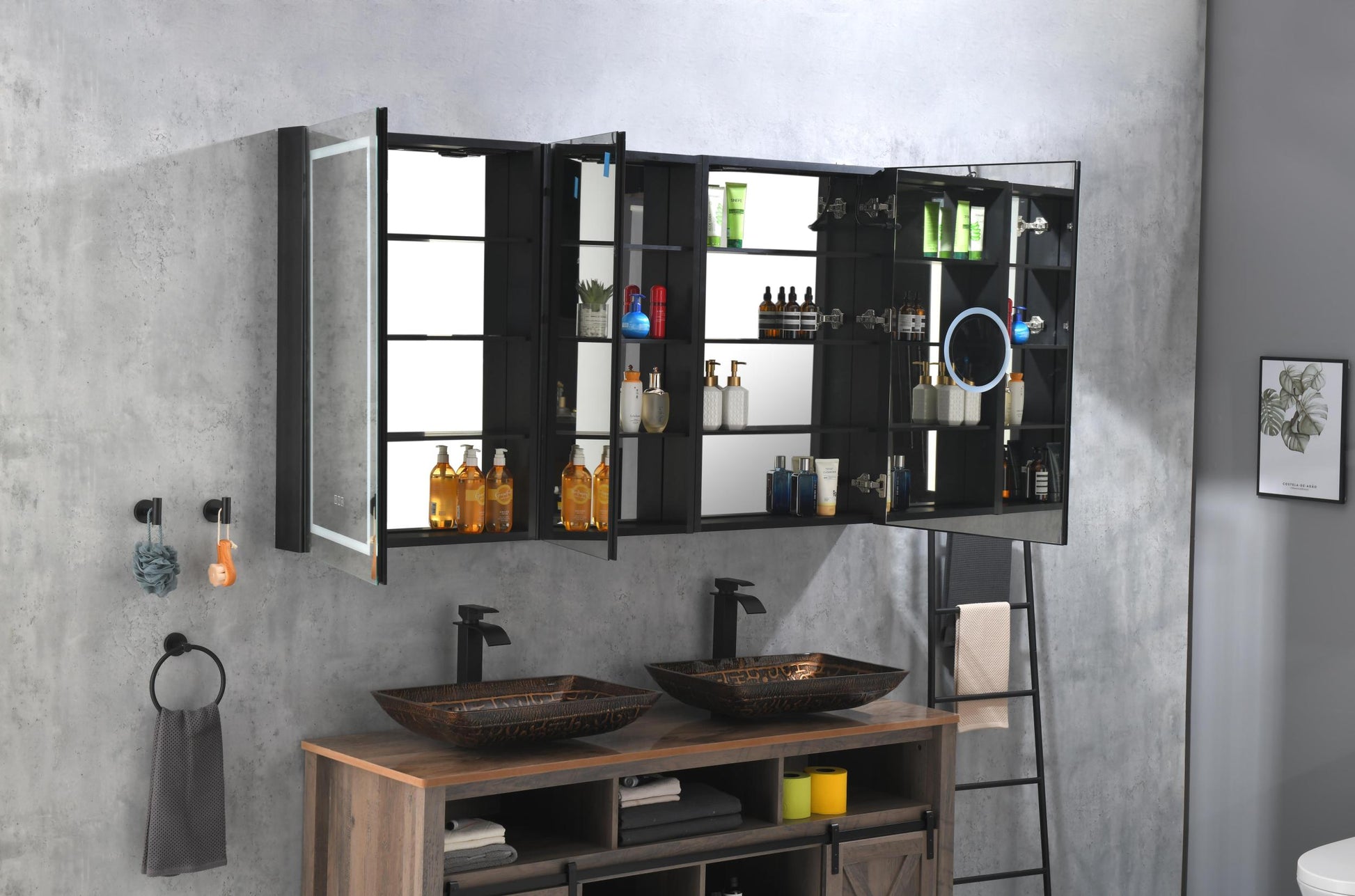 Led Lighted Bathroom Medicine Cabinet With Mirror, Surface Lighted Medicine Cabinet,Dimmable,Adjustable Shelves,Intelligent Switch Medicine Cabinet, Aluminum Frame,Left Opening Door Matt Black Aluminium